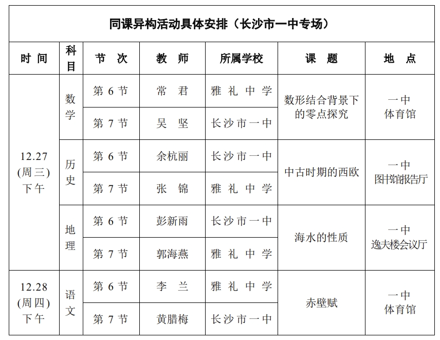 12月27日至28日長沙市第一中學長沙市雅禮中學共同教學開放日來了