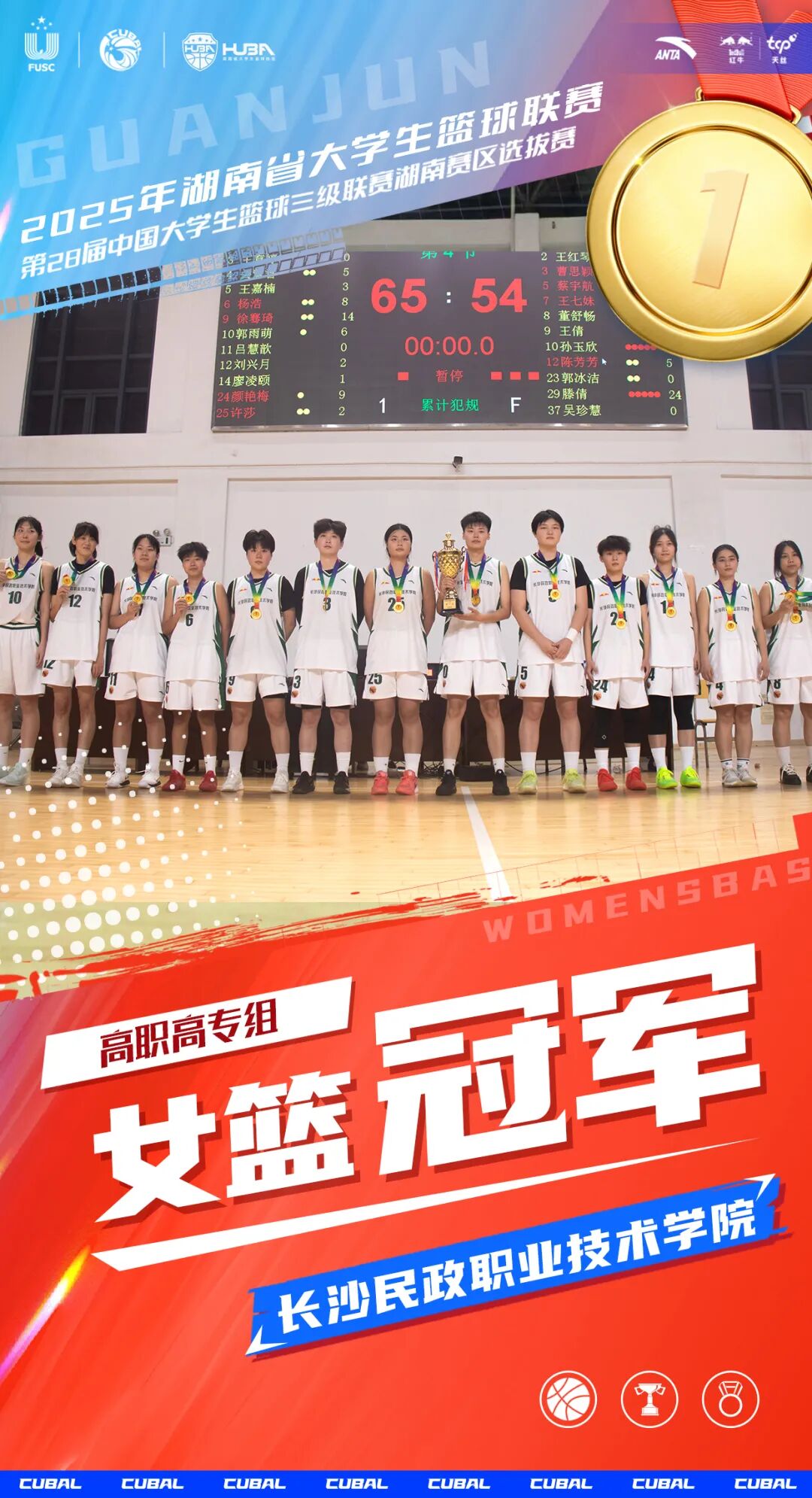 长沙民政职业技术学院女篮荣获2025年湖南省大学生篮球联赛（高职高专组）女子组冠军